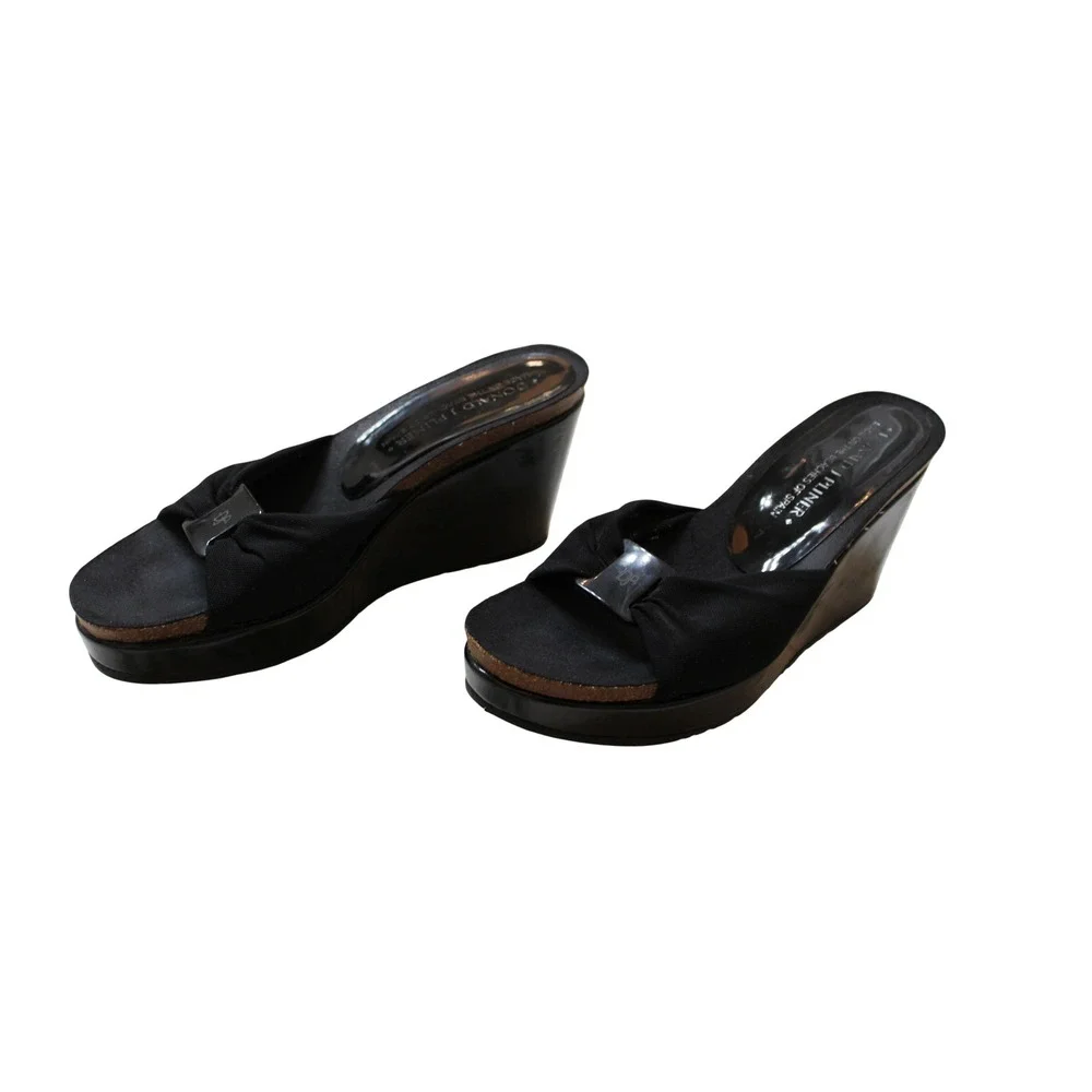 Donald J Pliner Wedge Sandals Womens‎ Black Patent Good Spain Fabric Bow Slide